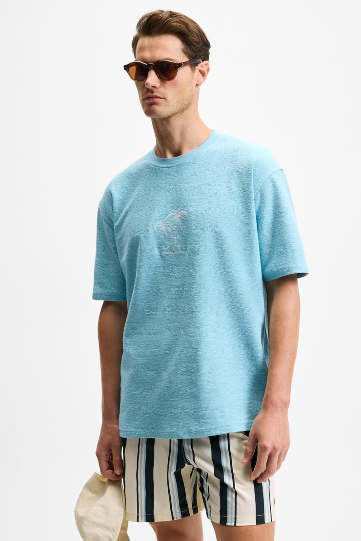 OURFLOW Erkek Nakış Detaylı %100 Organik Pamuk Bisiklet Yaka Kısa Kollu Oversize Açık Mavi T-Shirt