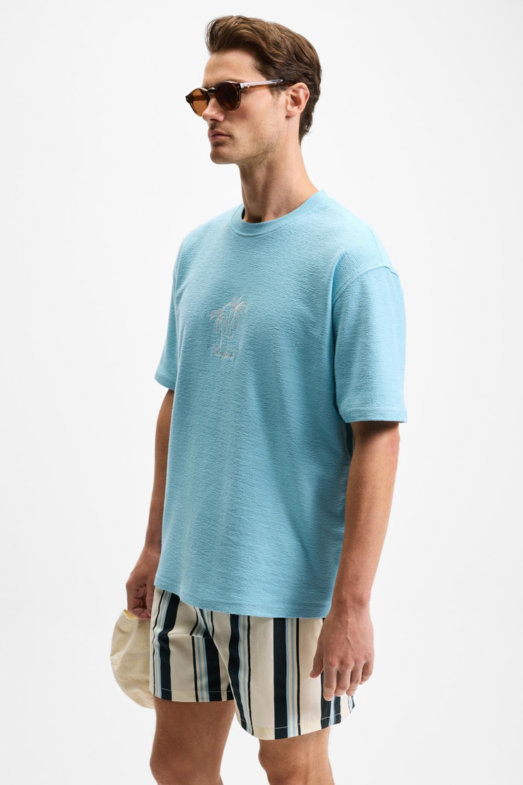 OURFLOW Erkek Nakış Detaylı %100 Organik Pamuk Bisiklet Yaka Kısa Kollu Oversize Açık Mavi T-Shirt