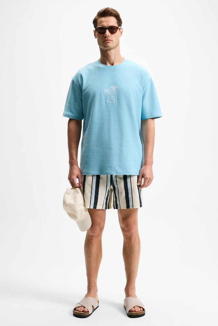 OURFLOW Erkek Nakış Detaylı %100 Organik Pamuk Bisiklet Yaka Kısa Kollu Oversize Açık Mavi T-Shirt