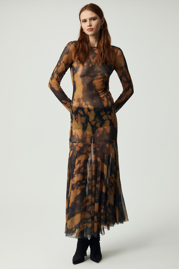 OYSTER Kadın Uzun Kollu Desenli Astarsız Desenli Elbise