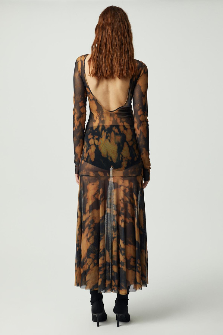 OYSTER Kadın Uzun Kollu Desenli Astarsız Desenli Elbise