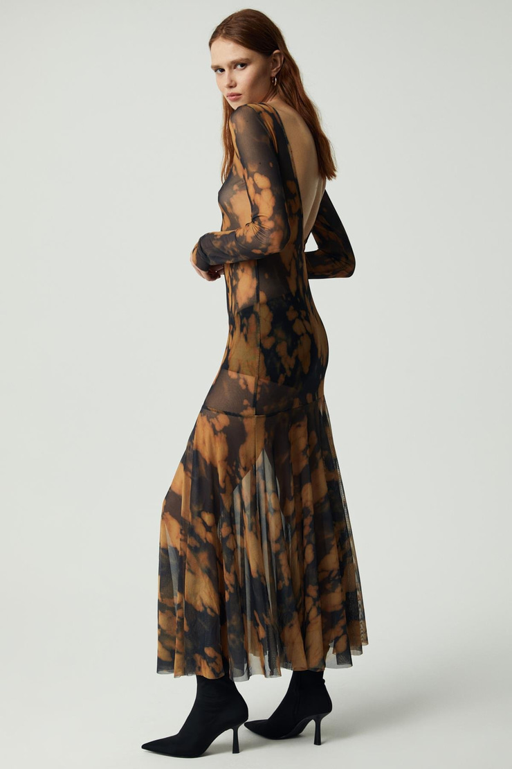 OYSTER Kadın Uzun Kollu Desenli Astarsız Desenli Elbise