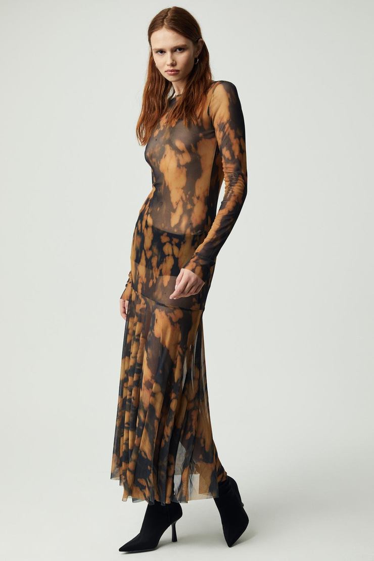 OYSTER Kadın Uzun Kollu Desenli Astarsız Desenli Elbise