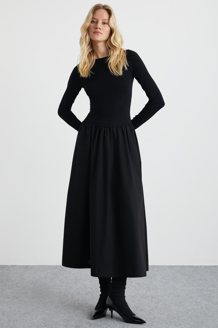 PANİ %95 Pamuk, %5 Elastan Siyah Elbise