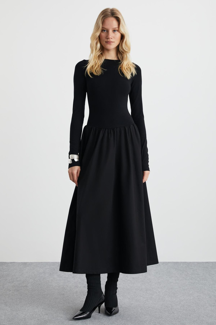 PANİ %95 Pamuk, %5 Elastan Siyah Elbise