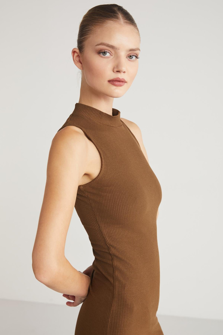 PANNI  Slim Kahverengi Tekli Elbise