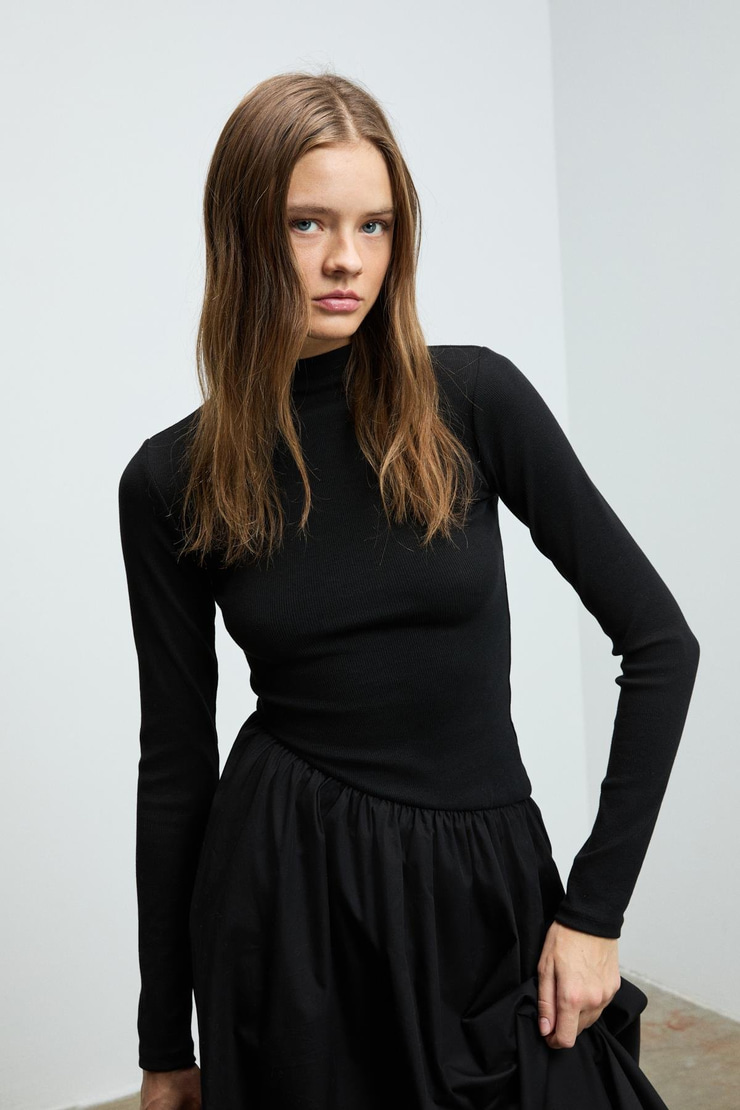 PANTI Kadın Üstü Ribana Eteği Poplin Vücuda Oturan Siyah Elbise