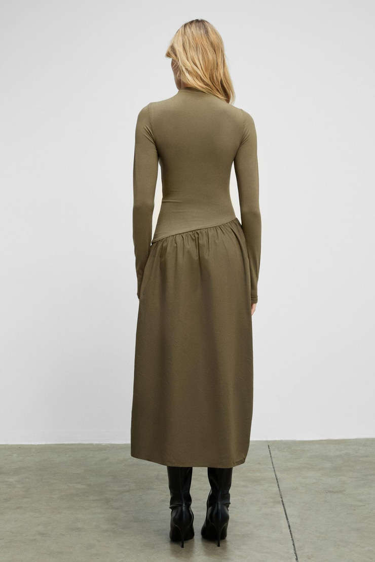 PANTI Kadın Üstü Ribana Eteği Poplin Vücuda Oturan Haki Elbise