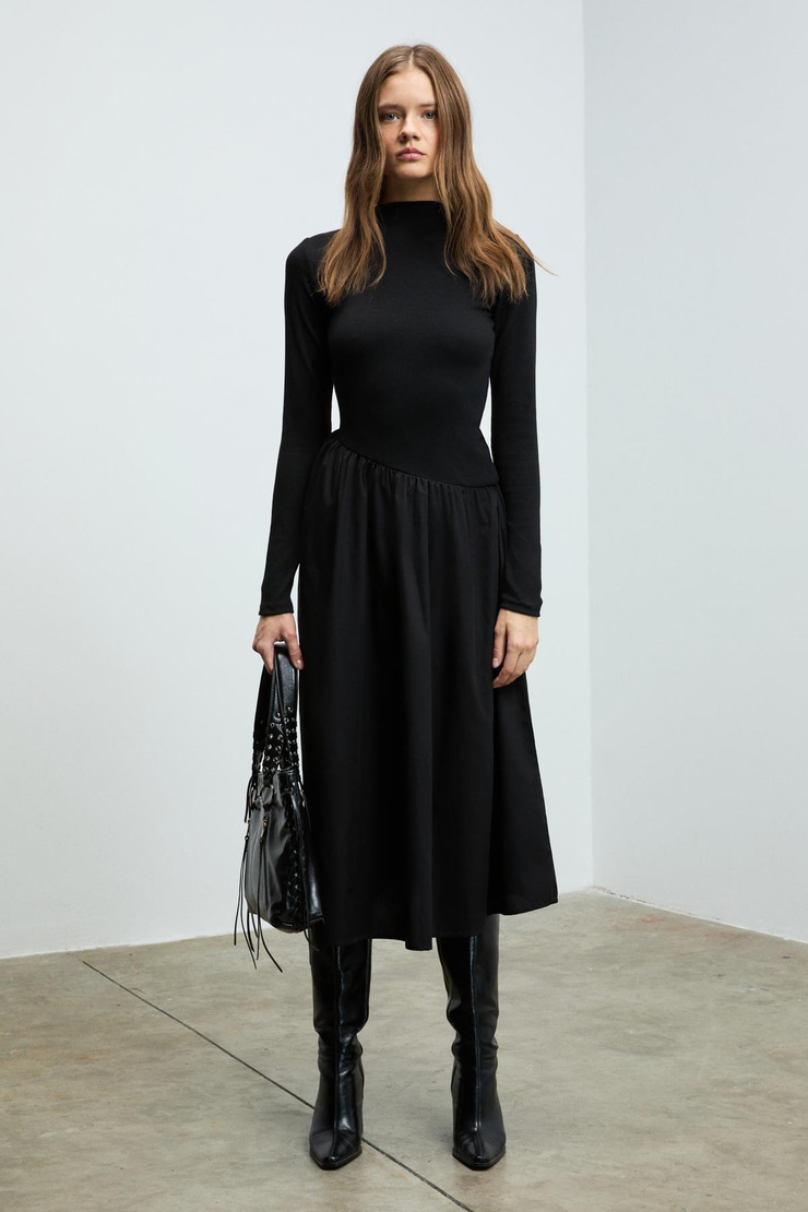 PANTI Kadın Üstü Ribana Eteği Poplin Vücuda Oturan Siyah Elbise