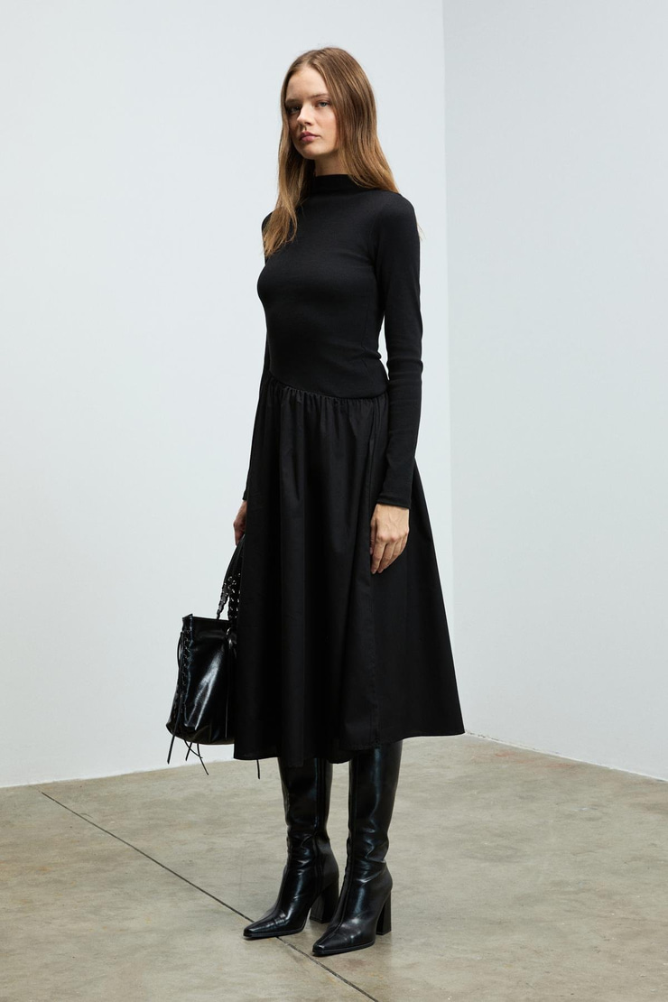 PANTI Kadın Üstü Ribana Eteği Poplin Vücuda Oturan Siyah Elbise