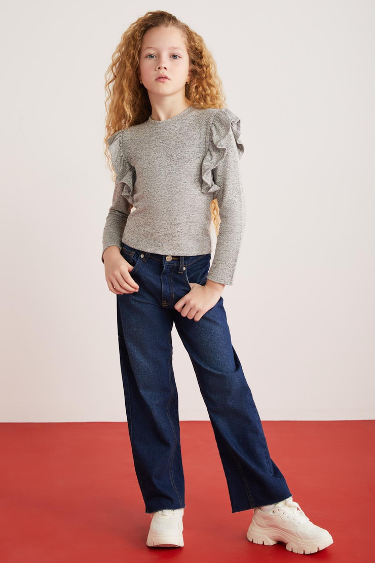 PAREL-GRM24018 %34 polyester %28viscon %33pamuk %5elastne kız çocuk uzun kollu bluz Gri Bluz