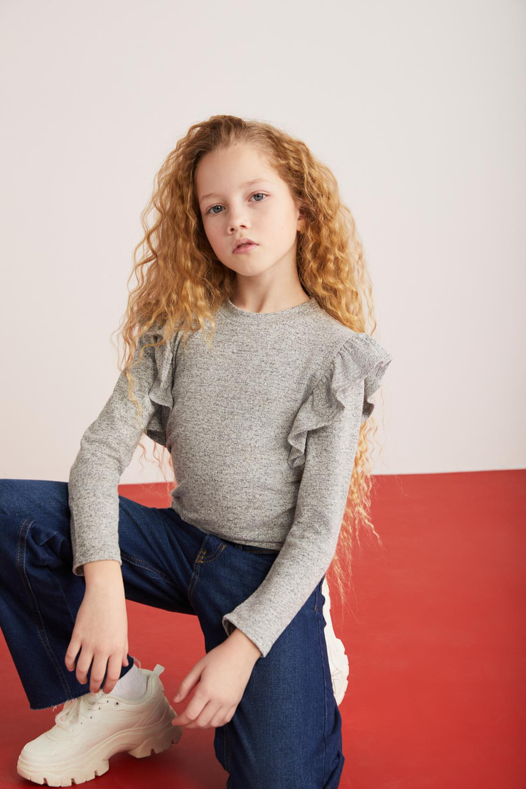 PAREL-GRM24018 %34 polyester %28viscon %33pamuk %5elastne kız çocuk uzun kollu bluz Gri Bluz