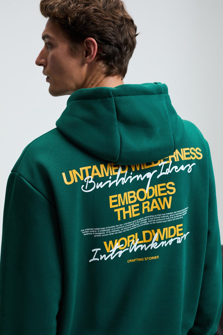 PASCAL Erkek Kapüşonlu Kanguru Cepli Önü Ve Sırtı Baskılı Regular Fit Yeşil Sweatshirt