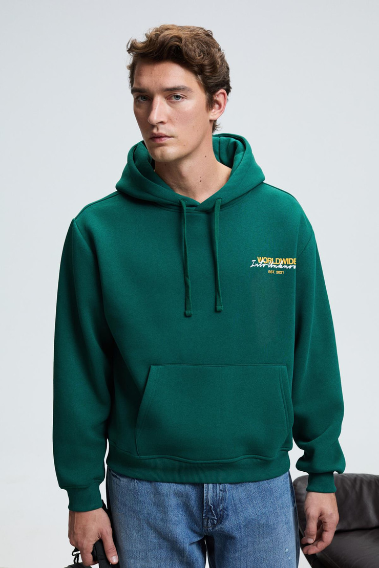 PASCAL Erkek Kapüşonlu Kanguru Cepli Önü Ve Sırtı Baskılı Regular Fit Yeşil Sweatshirt