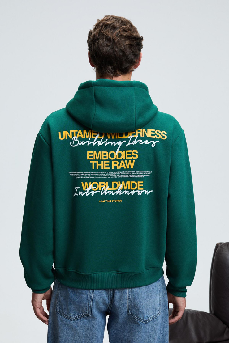 PASCAL Erkek Kapüşonlu Kanguru Cepli Önü Ve Sırtı Baskılı Regular Fit Yeşil Sweatshirt