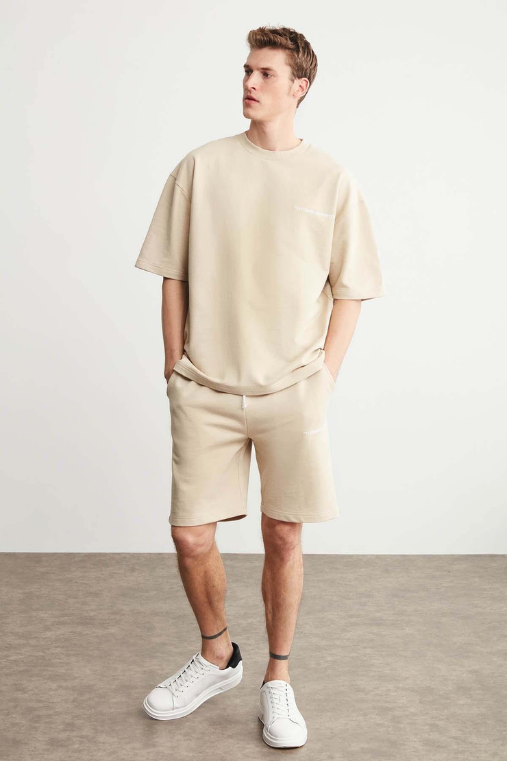 PASTO Erkek Comfort Fit Polarsız Nakışlı kısa kollu Bej T-Shirt