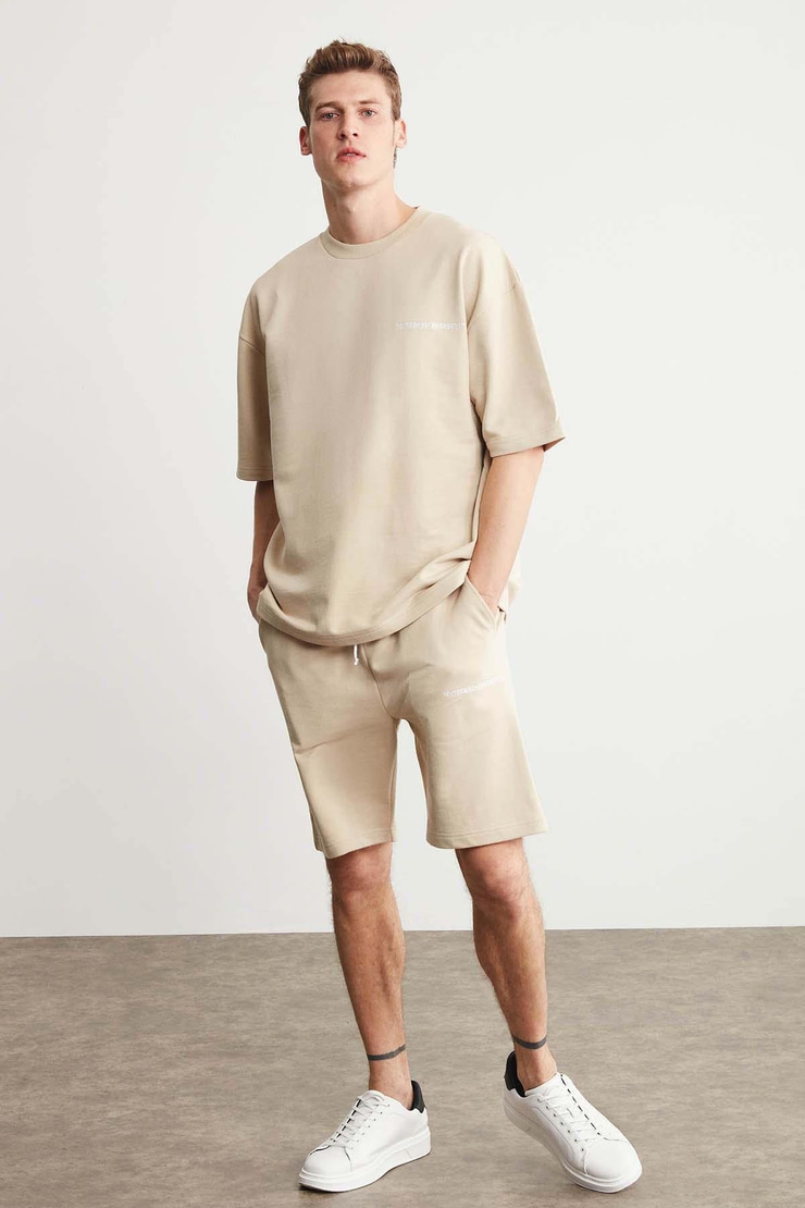 PASTO Erkek Comfort Fit Polarsız Nakışlı kısa kollu Bej T-Shirt