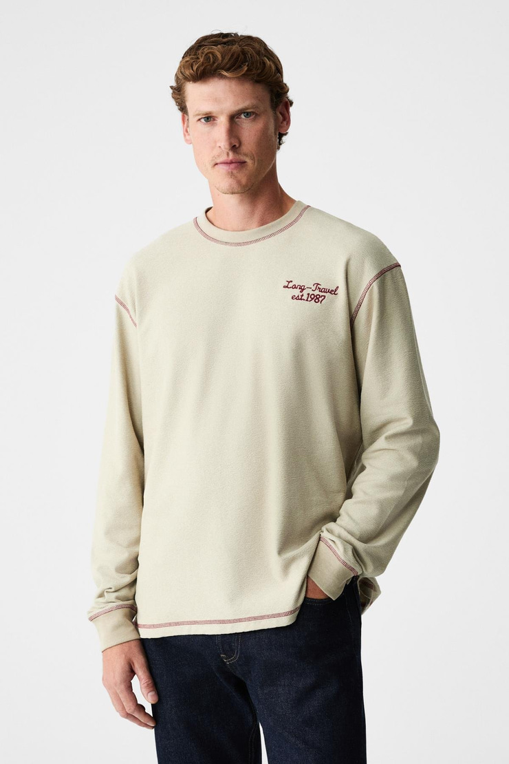 PATO Erkek %100 Organik Pamuklu Bisiklet Yaka Oversıze Uzun Kollu Bej T-Shirt