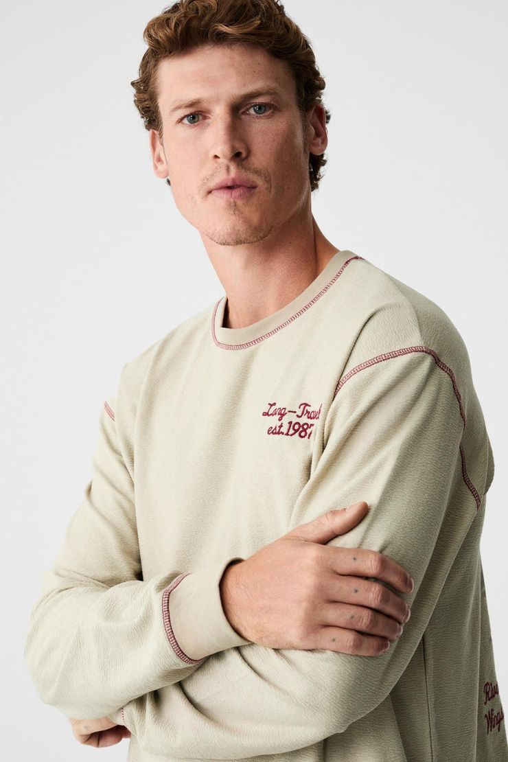 PATO Erkek %100 Organik Pamuklu Bisiklet Yaka Oversıze Uzun Kollu Bej T-Shirt