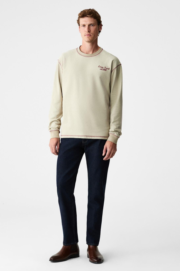 PATO Erkek %100 Organik Pamuklu Bisiklet Yaka Oversıze Uzun Kollu Bej T-Shirt