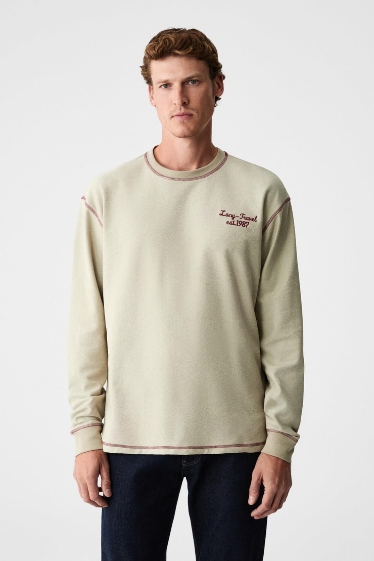 PATO Erkek %100 Organik Pamuklu Bisiklet Yaka Oversıze Uzun Kollu Bej T-Shirt