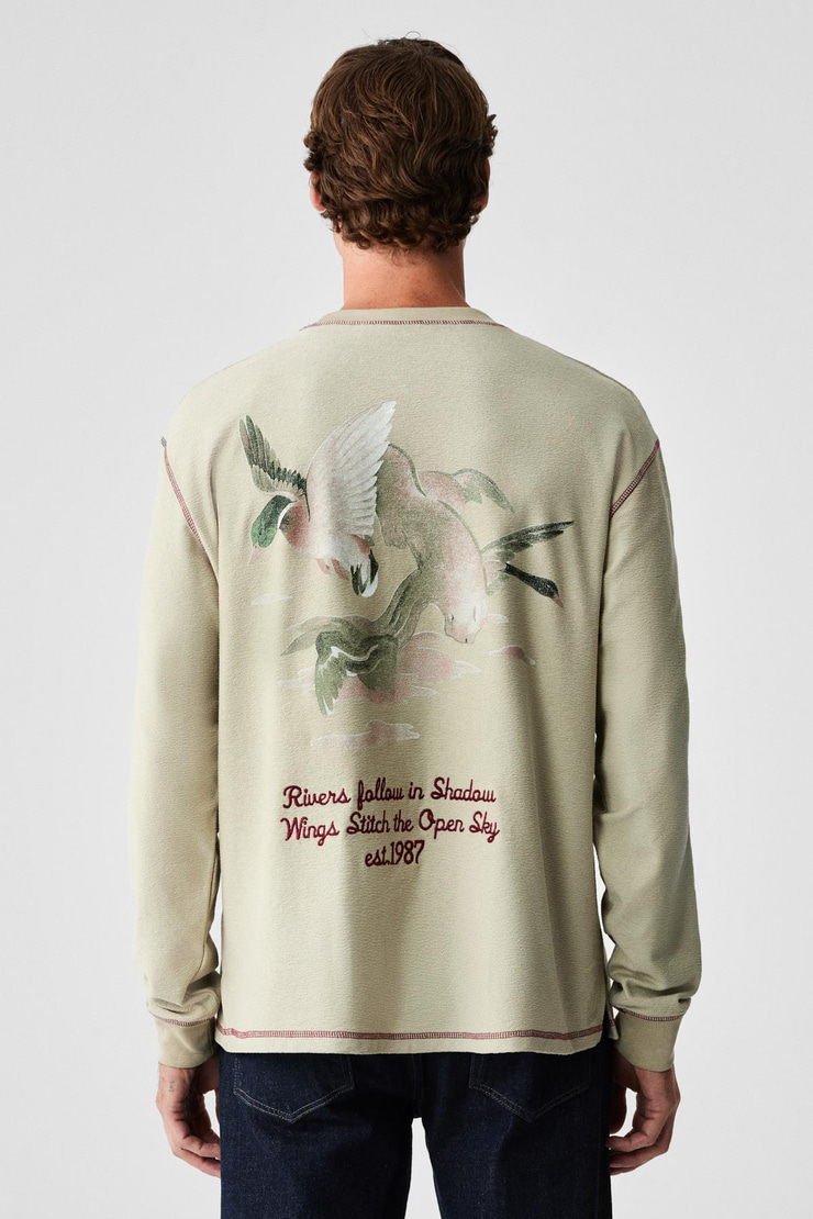 PATO Erkek %100 Organik Pamuklu Bisiklet Yaka Oversıze Uzun Kollu Bej T-Shirt