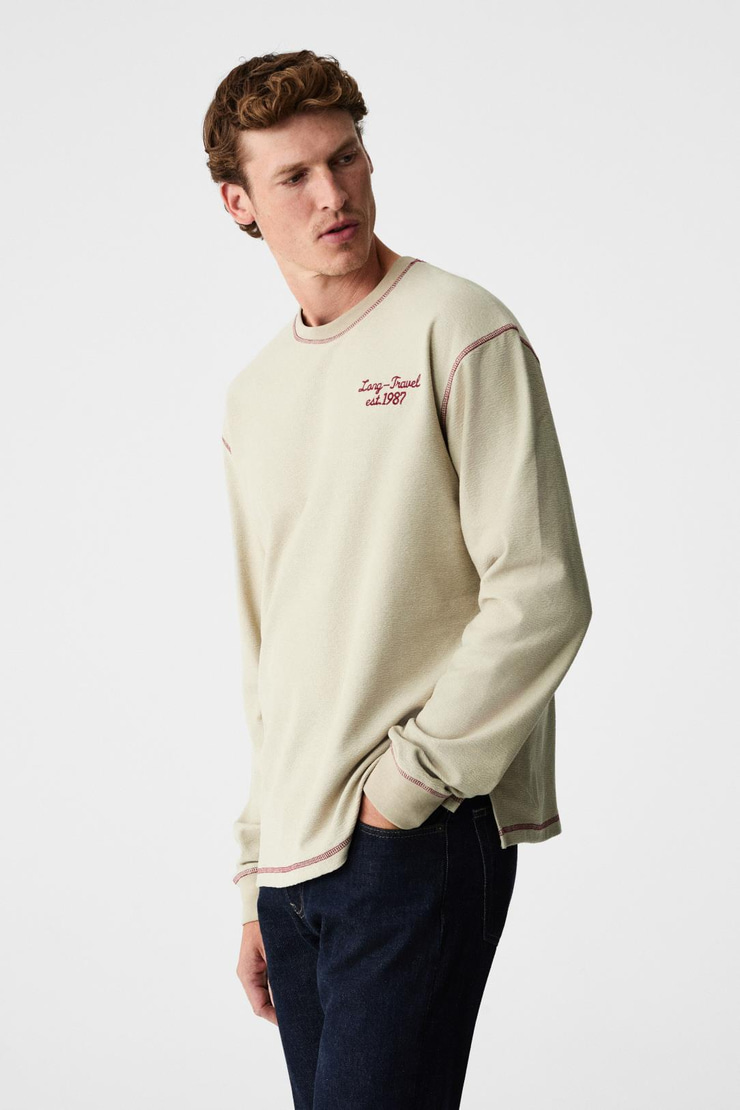 PATO Erkek %100 Organik Pamuklu Bisiklet Yaka Oversıze Uzun Kollu Bej T-Shirt