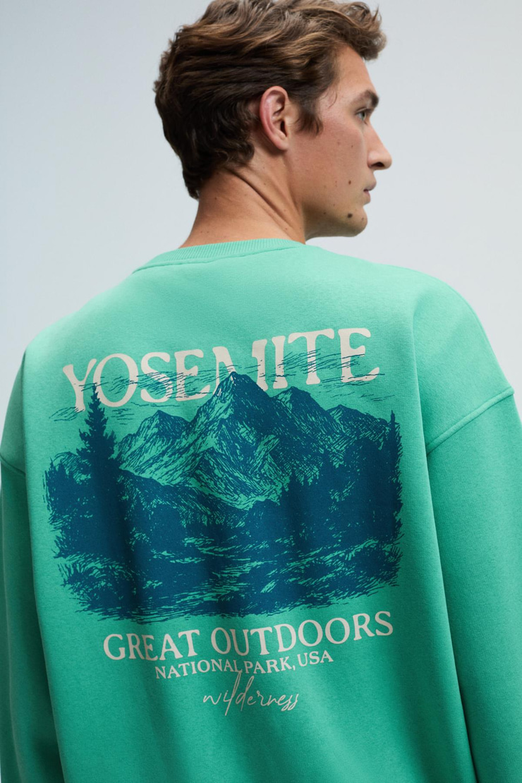 PERCY Erkek Yuvarlak Yaka Göğsü Nakışlı Sırtı Baskılı Oversize Yeşil Sweatshirt