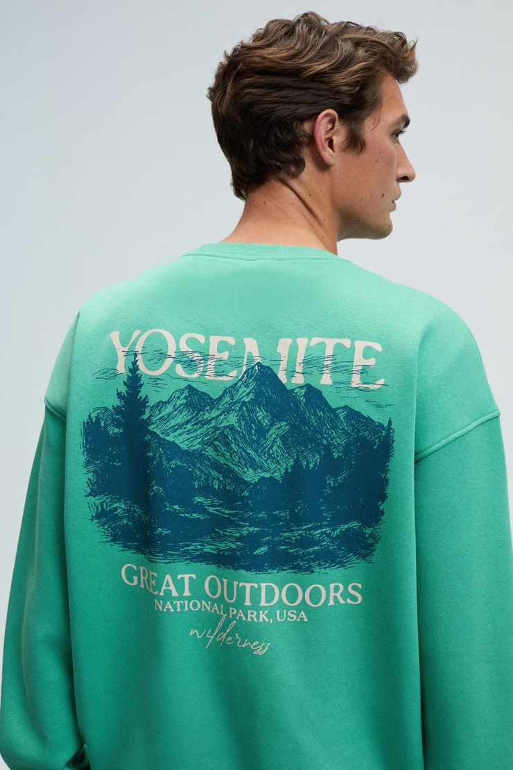 PERCY Erkek Yuvarlak Yaka Göğsü Nakışlı Sırtı Baskılı Oversize Yeşil Sweatshirt