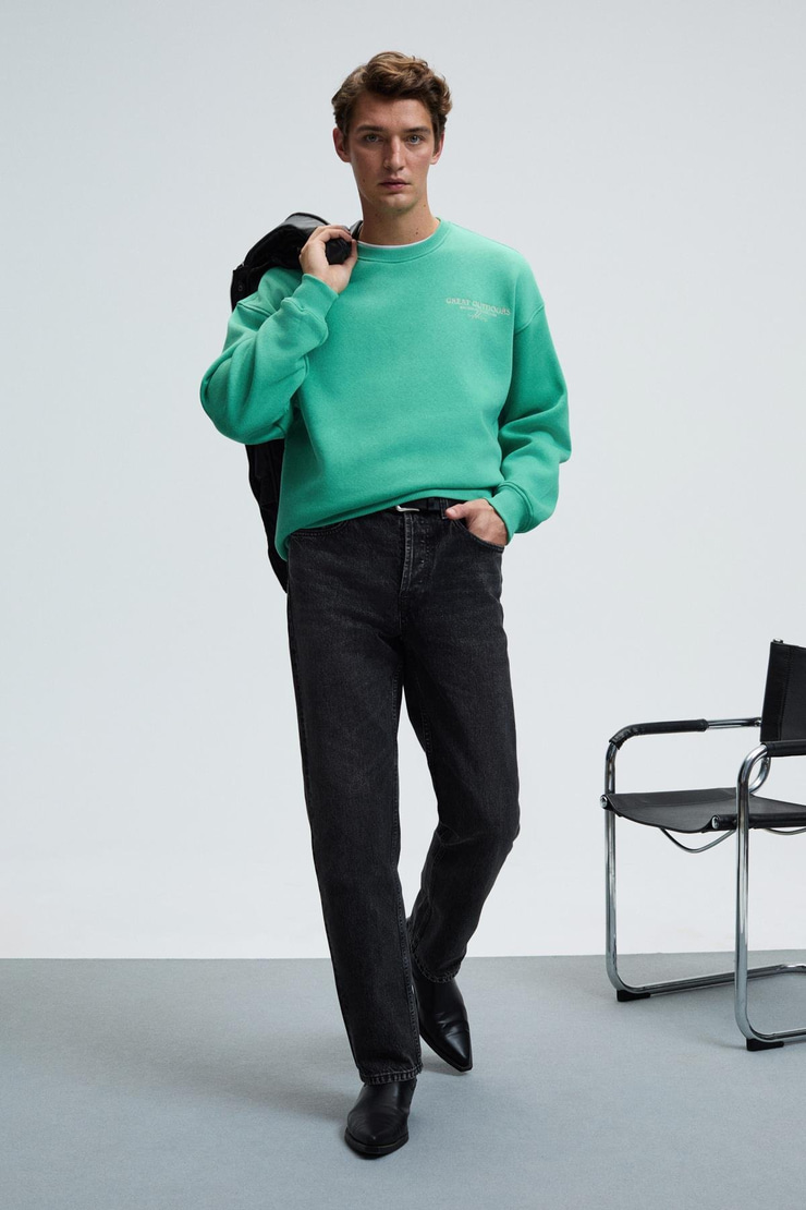 PERCY Erkek Yuvarlak Yaka Göğsü Nakışlı Sırtı Baskılı Oversize Yeşil Sweatshirt