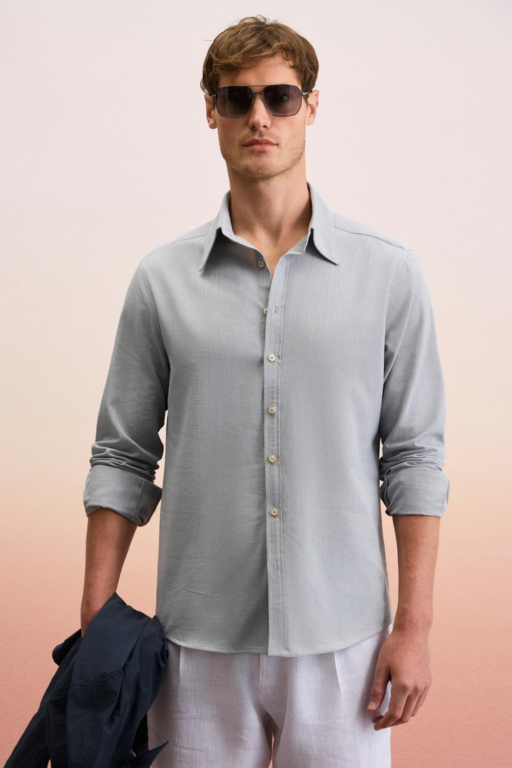 PERTTU Erkek %100 Pamuk Slim Fit Dar Kesim Düğmeli Yaka Keten Görünümlü Flamlı Gri Gömlek