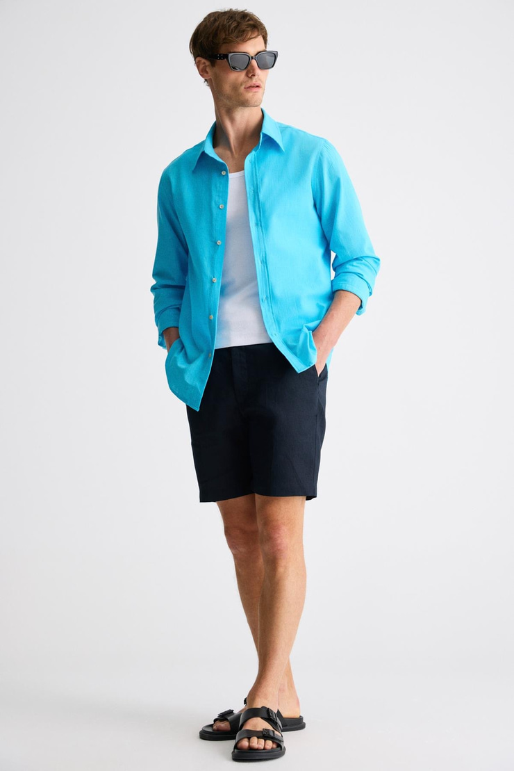 PERTTU Erkek %100 Pamuk Slim Fit Dar Kesim Düğmeli Yaka Keten Görünümlü Flamlı Turkuaz Gömlek