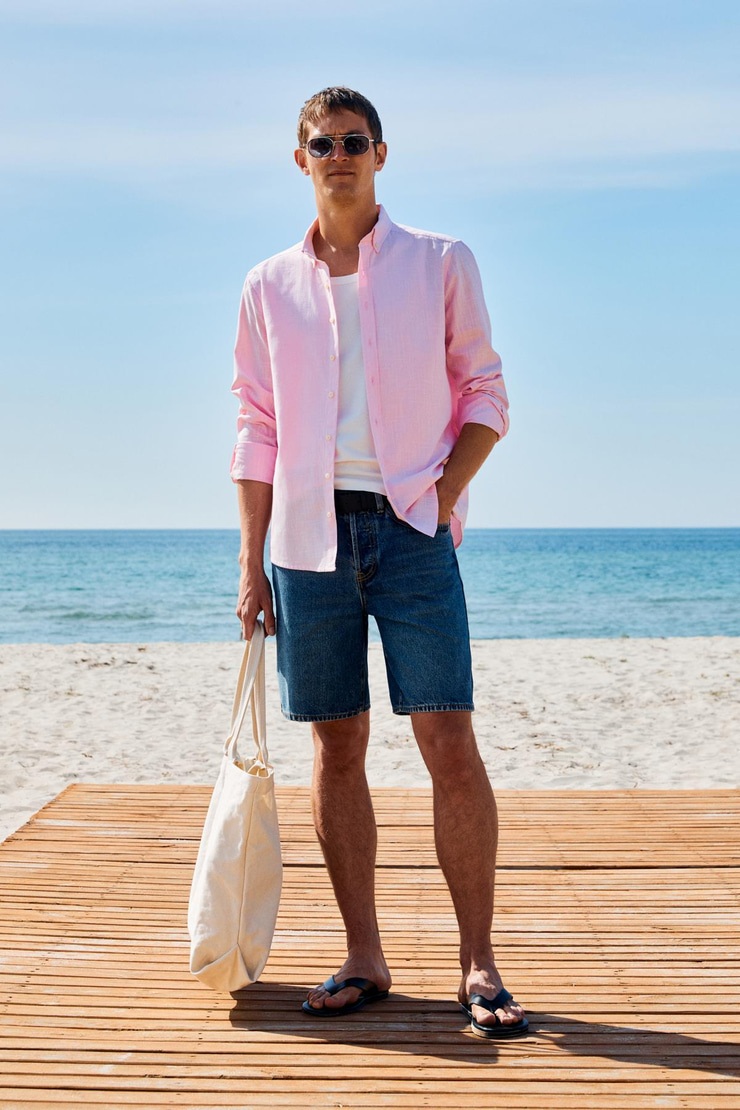 PERTTU Erkek %100 Pamuk Slim Fit Dar Kesim Düğmeli Yaka Keten Görünümlü Flamlı Pembe Gömlek