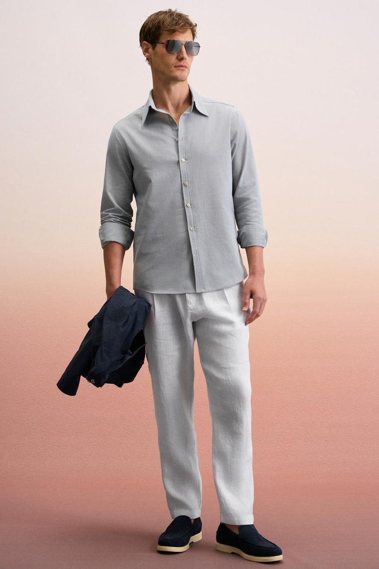 PERTTU Erkek %100 Pamuk Slim Fit Dar Kesim Düğmeli Yaka Keten Görünümlü Flamlı Gri Gömlek