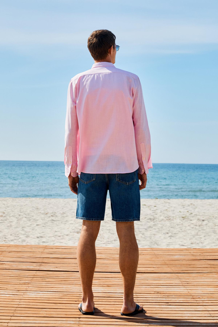 PERTTU Erkek %100 Pamuk Slim Fit Dar Kesim Düğmeli Yaka Keten Görünümlü Flamlı Pembe Gömlek