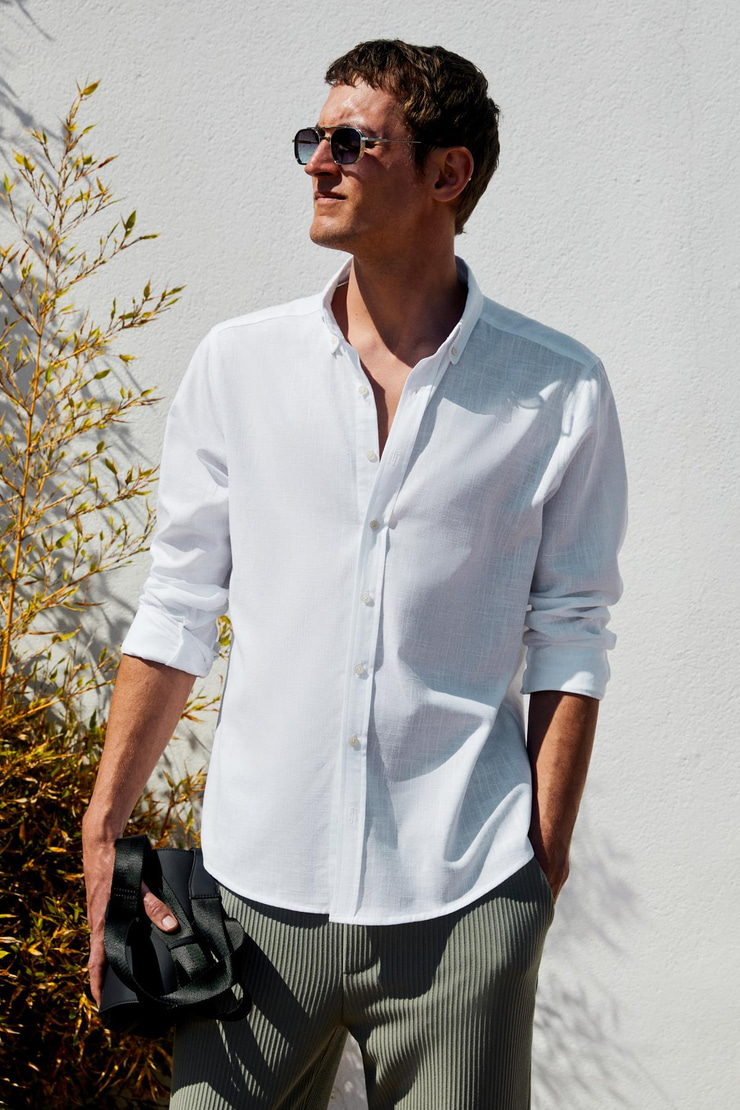 PERTTU Erkek %100 Pamuk Slim Fit Dar Kesim Düğmeli Yaka Keten Görünümlü Flamlı Beyaz Gömlek