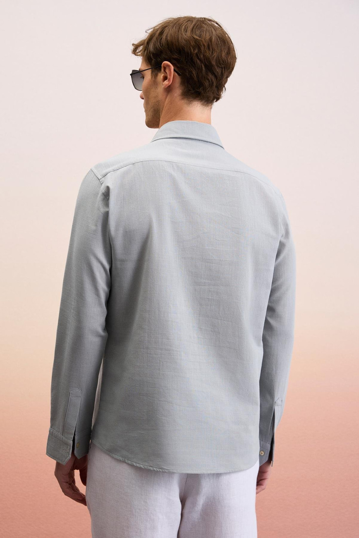 PERTTU Erkek %100 Pamuk Slim Fit Dar Kesim Düğmeli Yaka Keten Görünümlü Flamlı Gri Gömlek