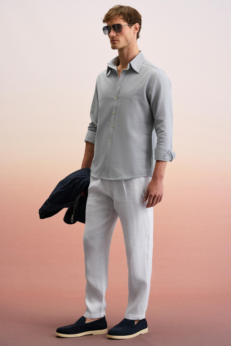 PERTTU Erkek %100 Pamuk Slim Fit Dar Kesim Düğmeli Yaka Keten Görünümlü Flamlı Gri Gömlek