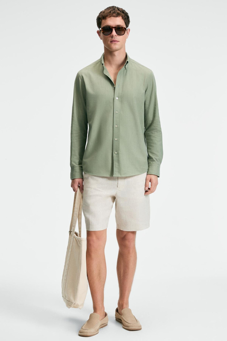 PERTTU Erkek %100 Pamuk Slim Fit Dar Kesim Düğmeli Yaka Keten Görünümlü Flamlı Haki Gömlek