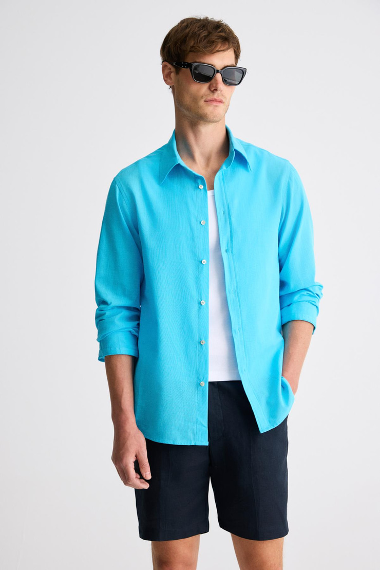 PERTTU Erkek %100 Pamuk Slim Fit Dar Kesim Düğmeli Yaka Keten Görünümlü Flamlı Turkuaz Gömlek