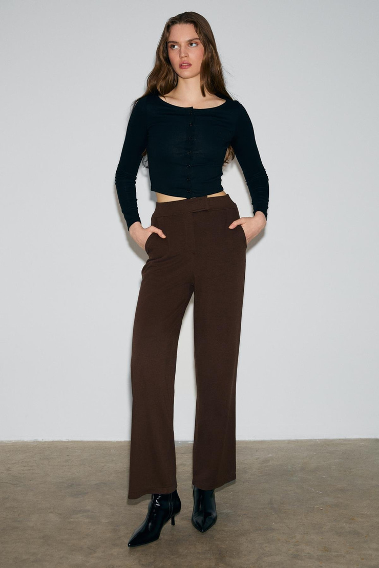 PHALIERA Kadın Esnek Kumaşlı Rahat Kalıp Cırt Kapamalı Koyu Kahverengi Pantolon