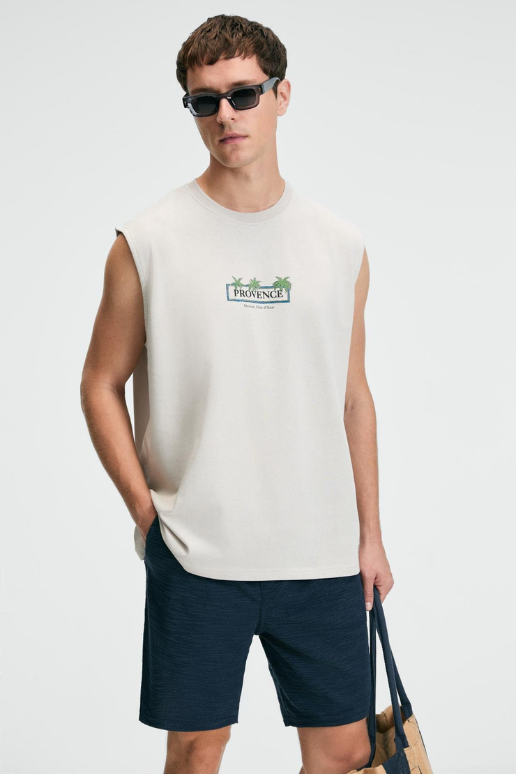 PHASE Erkek Baskı Detaylı Bisiklet Yaka Oversize Fit Bej T-Shirt