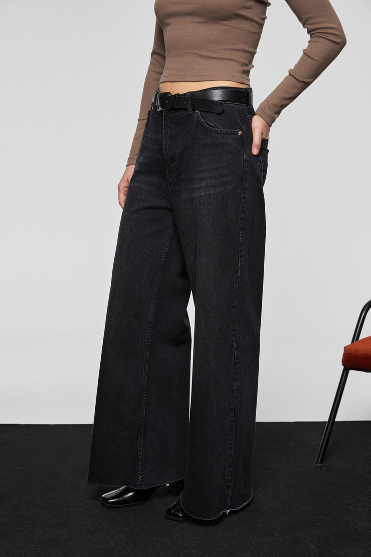 PIEDRA Kadın %100 Pamuk Geniş Paça Paçası Dikişsiz Bitişli Denim Siyah Jeans