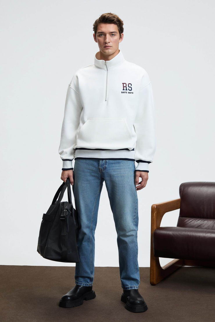 PLATA Erkek Yarım Fermuarlı Kanguru Cepli Etek Ve Kolda Triko Detay Relaxed Fit Ekru Sweatshirt