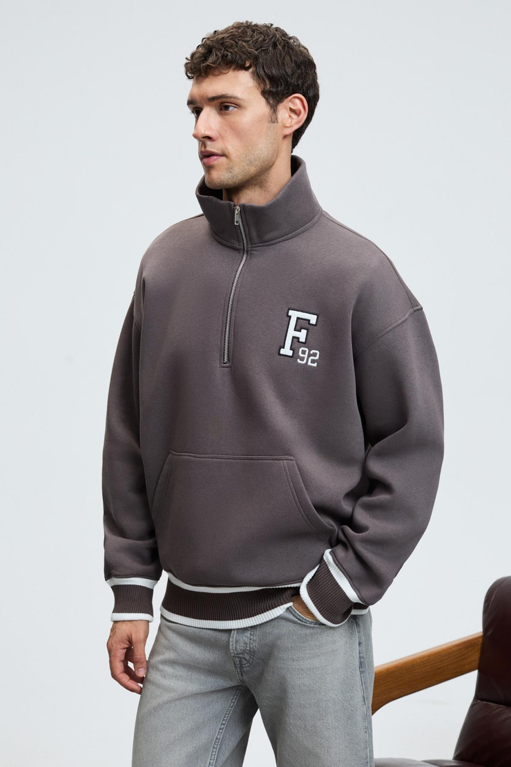 PLATA Erkek Yarım Fermuarlı Kanguru Cepli Etek Ve Kolda Triko Detay Relaxed Fit Füme Sweatshirt
