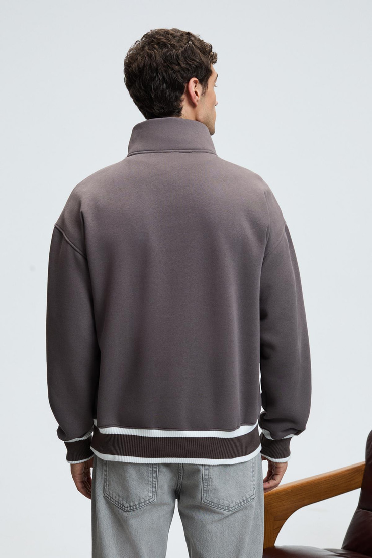 PLATA Erkek Yarım Fermuarlı Kanguru Cepli Etek Ve Kolda Triko Detay Relaxed Fit Füme Sweatshirt