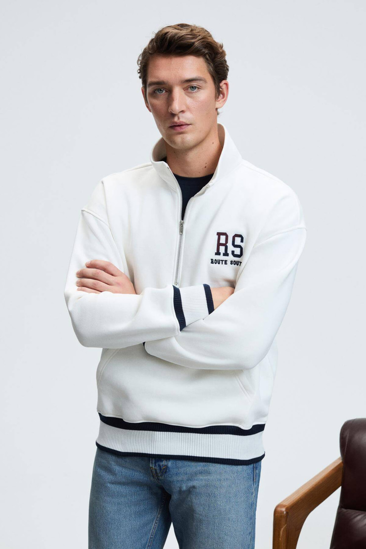 PLATA Erkek Yarım Fermuarlı Kanguru Cepli Etek Ve Kolda Triko Detay Relaxed Fit Ekru Sweatshirt