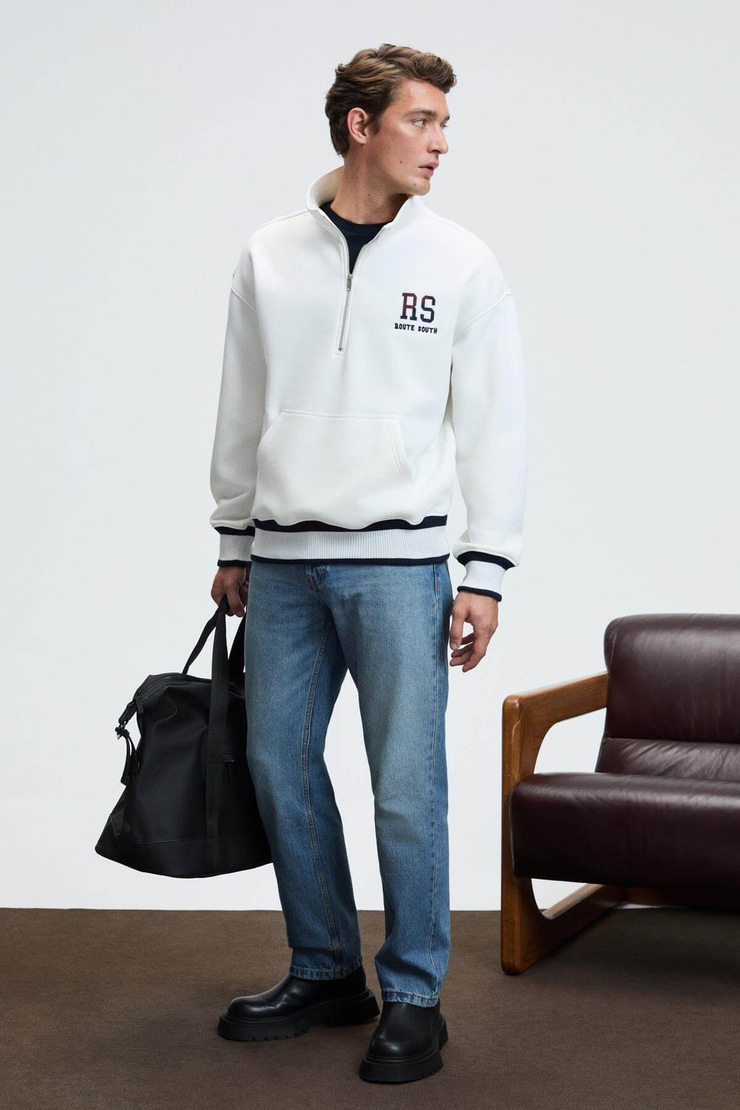 PLATA Erkek Yarım Fermuarlı Kanguru Cepli Etek Ve Kolda Triko Detay Relaxed Fit Ekru Sweatshirt