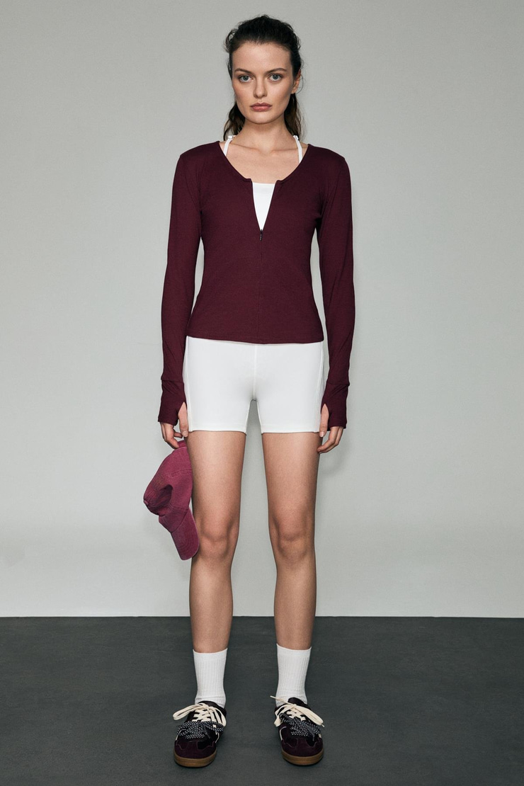 POLUNEA Kadın V Yakalı Önü Fermuar Kapamalı Vücuda Oturan Slim Fit Bordo Bluz