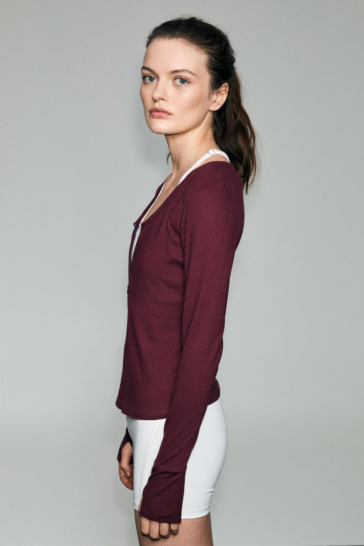 POLUNEA Kadın V Yakalı Önü Fermuar Kapamalı Vücuda Oturan Slim Fit Bordo Bluz